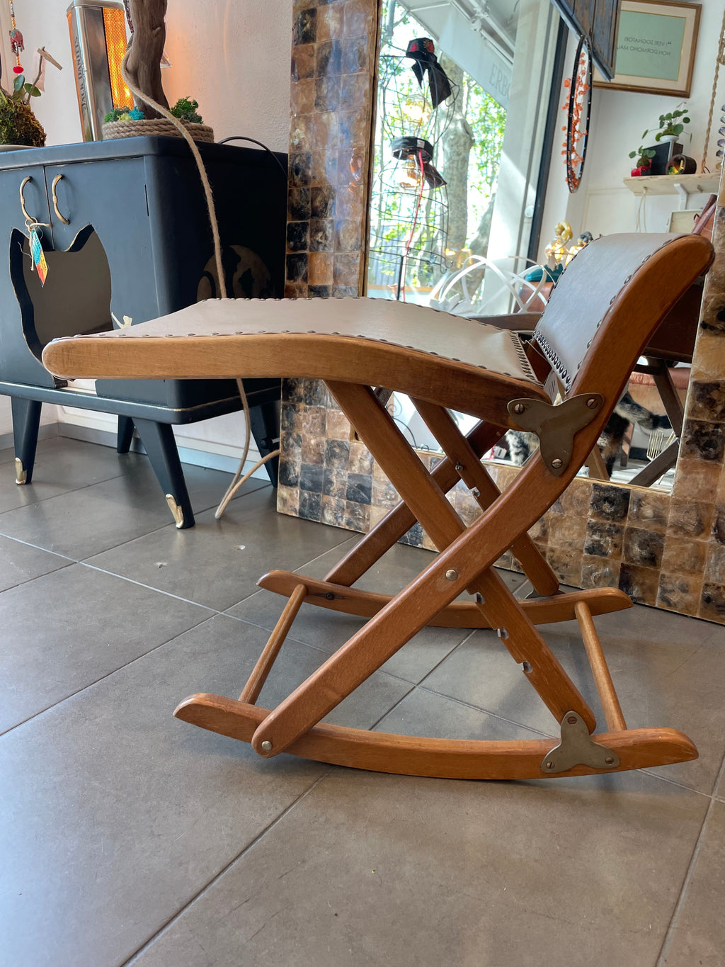 Sgabello Poggia Piedi Anni ‘50 In Legno E Pelle