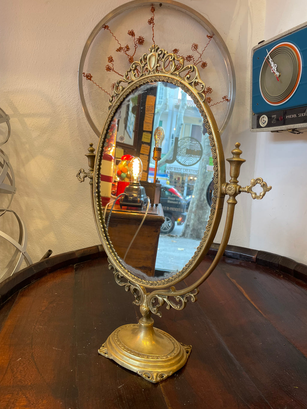Specchio da tavolo ottone girevole vintage ottone