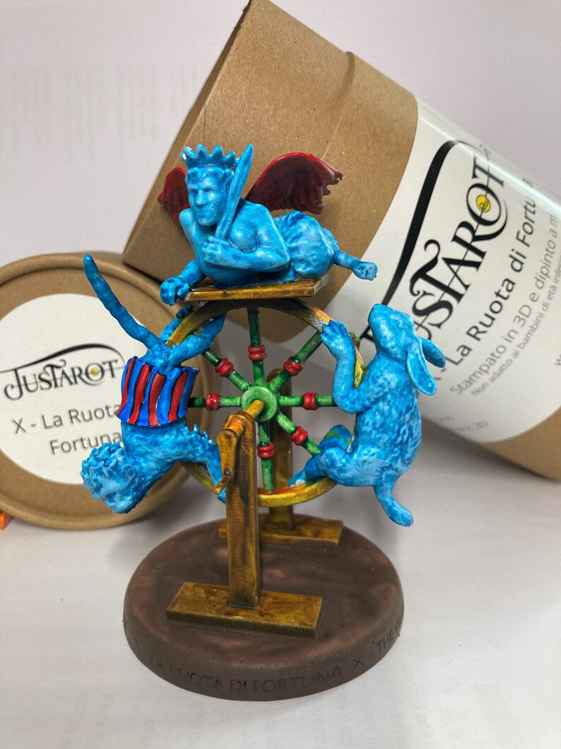 Statuina Ruota di Fortuna arcano maggiore X tarocchi dipinta a mano - Major Arcana X Tarot Wheel of Fortune Figurine Hand Painted
